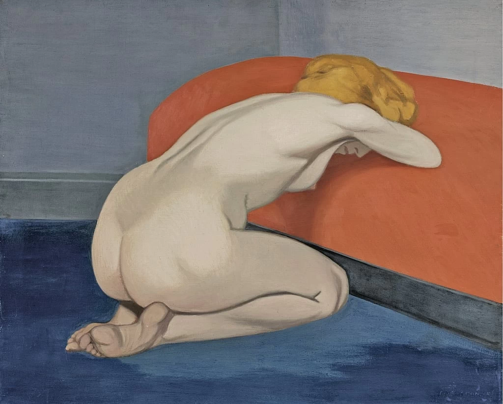 Donna nuda in ginocchio davanti a un divano rosso, 1915